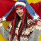 Y2K Cute Color Block Striped Bunny Ear Braid Knit Beanie For Women