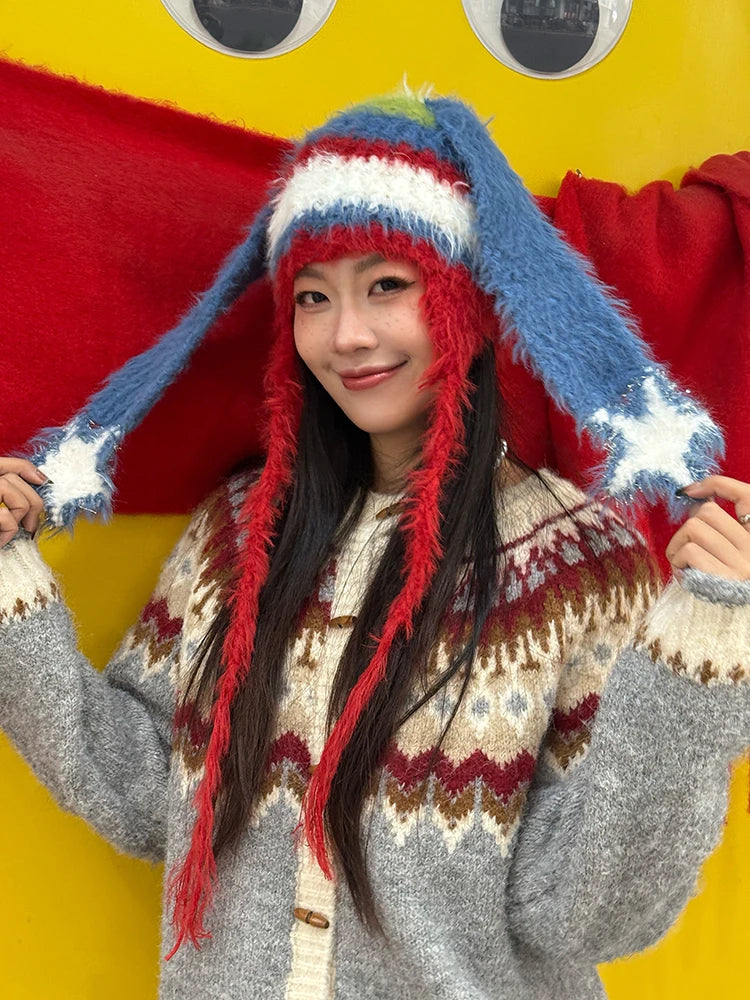 Y2K Cute Color Block Striped Bunny Ear Braid Knit Beanie For Women