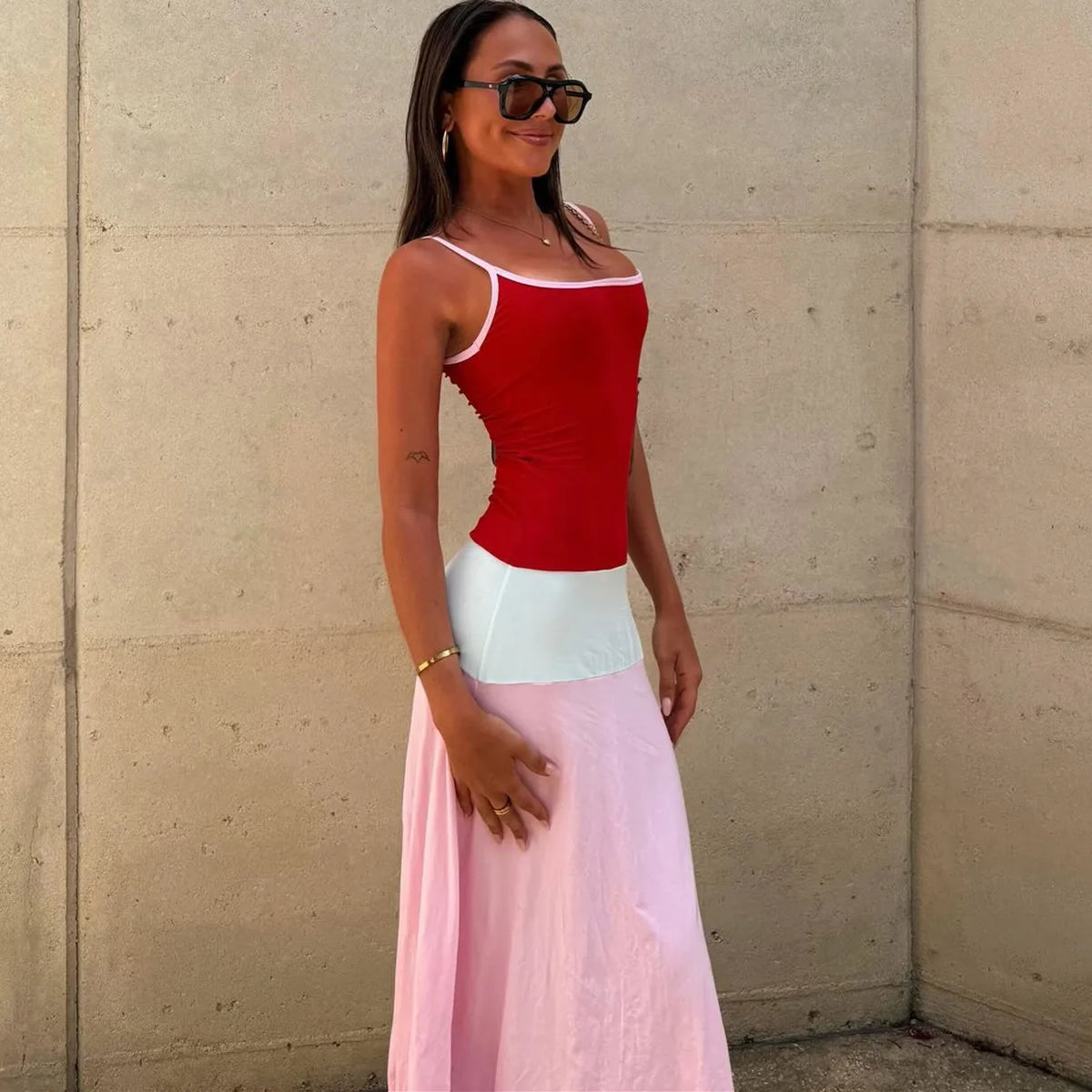 Women Y2K Color Block Satin Maxi Dress U Neck Spaghetti Strap Bodycon Flowy Long Dress Summer Beach Vacation Streetwear