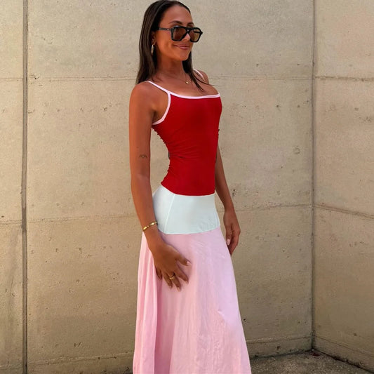 Women Y2K Color Block Satin Maxi Dress U Neck Spaghetti Strap Bodycon Flowy Long Dress Summer Beach Vacation Streetwear