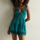 Women Spaghetti Strap Babydoll Dress Lace Trim V Neck Tiered Ruffle Hem Backless Smocked Flowy Mini Dress Vacation Beach