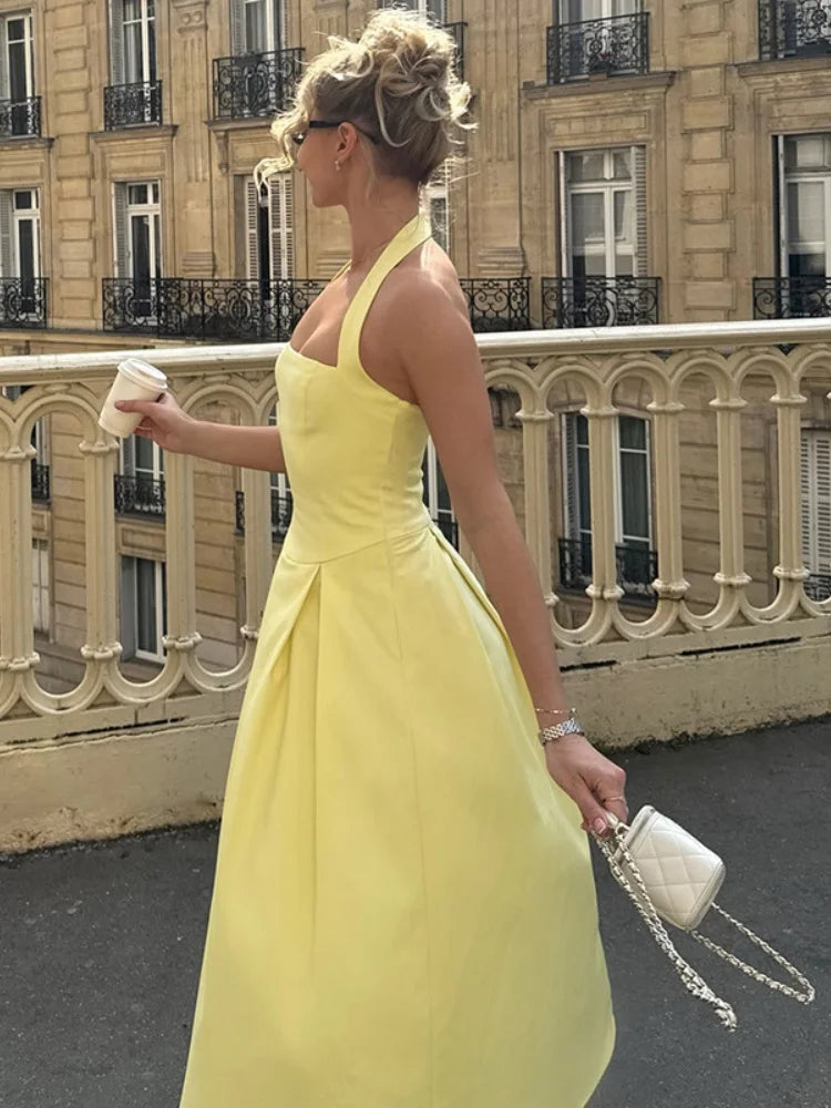 Halter Backless Long Dresses for Summer French Style Elegant Yellow Dress Woman Clothes
