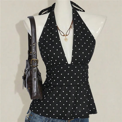 Ladies Vintage Polka Dot Halter Neck Top Deep V Tie Back Sleeveless Ruched Waist Peplum Tank Top For Y2K Streetwear