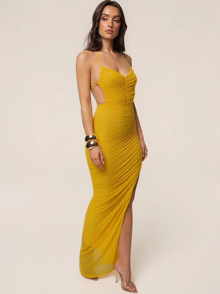 Women Mesh Sexy Maxi Dress Spaghetti Strap V Neck Ruched Bodycon Dress High Slit Elegant Evening Party Club Long Dress