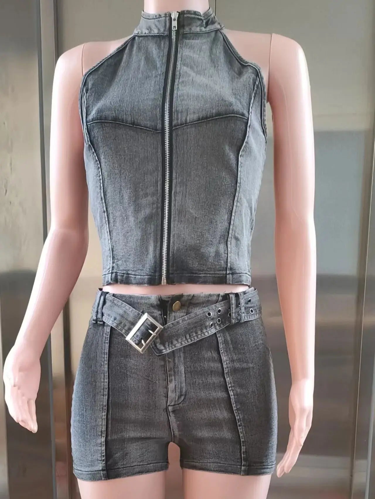 Distressed Style Denim 2 Piece Set Women Zipper Cardigan Sleeveless Crop Top+Skinny Shorts Hottie Street Hipster Suit