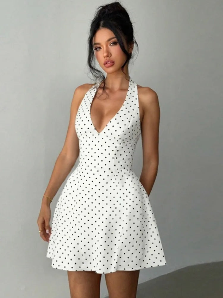 Polka Dot Sexy Mini Dress Women Fashion Halter Deep V Neck Sleeveless Backless High Waist A-line Club Party Dresses