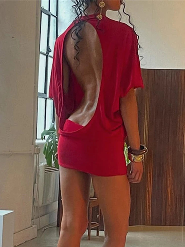 Sexy Backless Mini Dress Women Y2K Solid Trend Style o-Neck Half Sleeve Spicy Girls Street Fashion Skinny Outfits