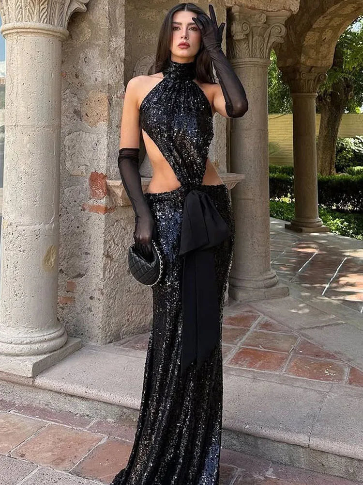 Turtleneck Backless Long Dresses Woman Sequin Patchwork Halter Irregular Shape Hot Girls Prom Party Sexy Fashion Vestidos