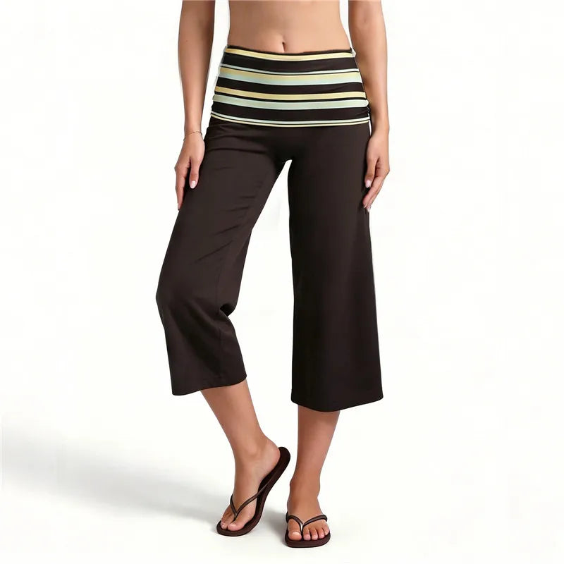 Women High Waist Fold Over Striped Waistband Cropped Wide Leg Pants Stretchy Casual Beach Yoga Capri Trousers