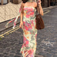 Flower Print 2 Piece Set Women Elastic Strapless Dress+Ribbon Scarf Vacation Party Elegant Fashion Stretch Vestidos