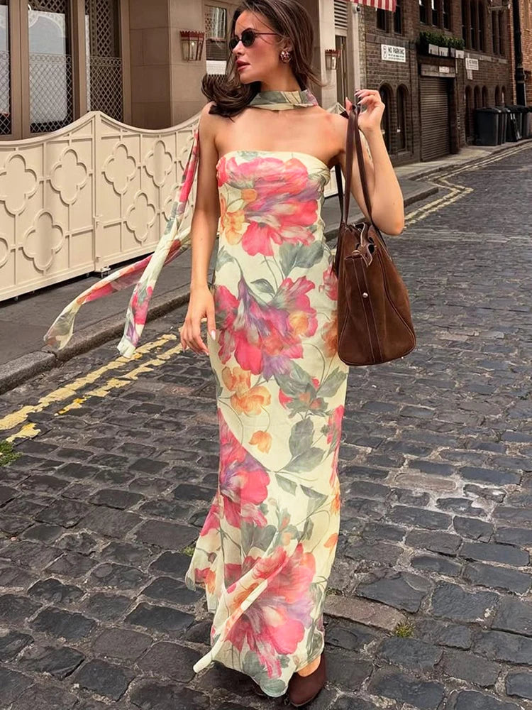 Flower Print 2 Piece Set Women Elastic Strapless Dress+Ribbon Scarf Vacation Party Elegant Fashion Stretch Vestidos