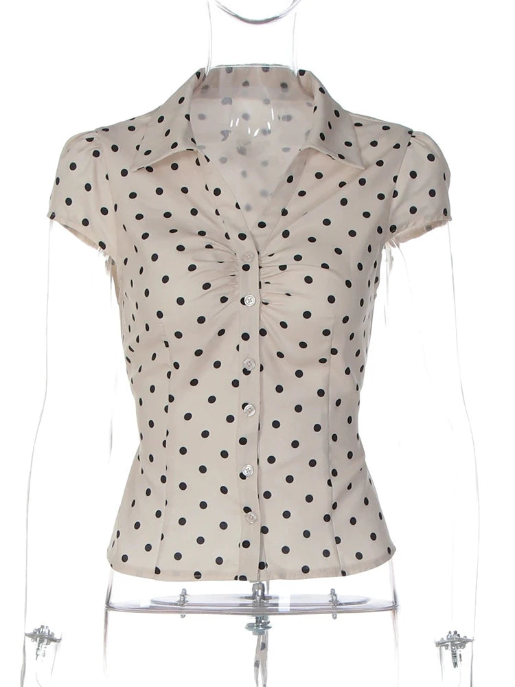 Polka Dot Short Sleeve Sexy Tops Women Cardigan Elegant Turn-down Collar Single-breasted Ruched Lace-up Club Party Top