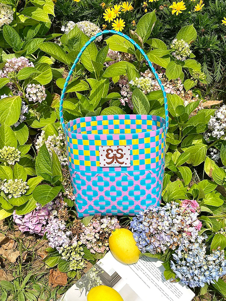 Colorful Checkered Woven Bucket Bag, Bohemian Handmade Tote Bag, Casual Summer Beach Bag for Women