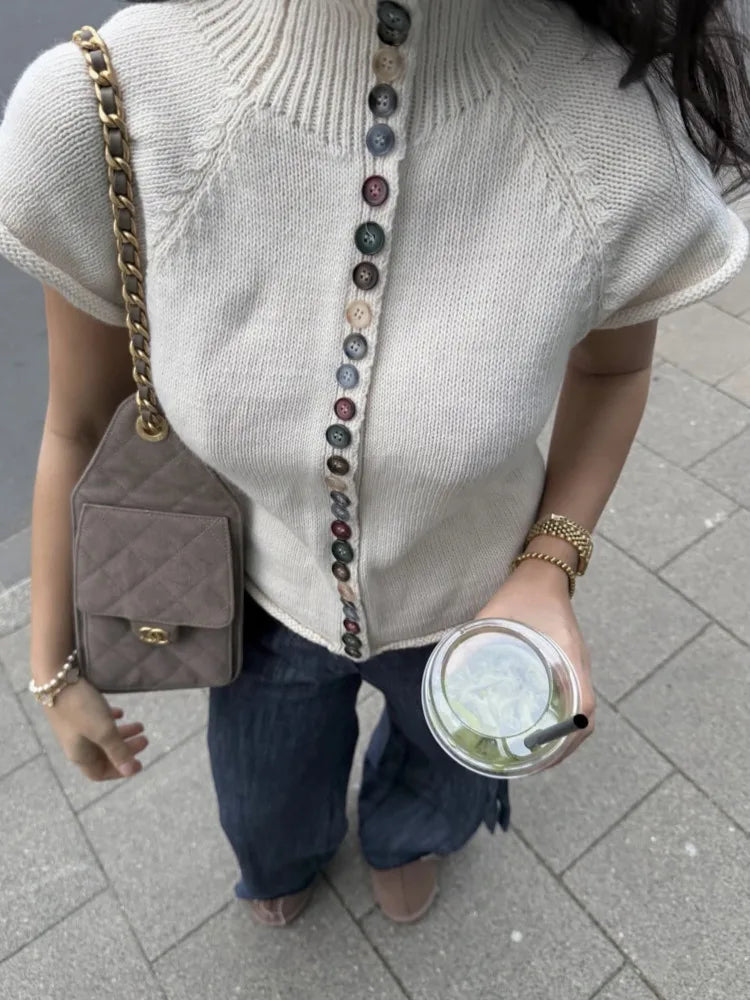 Women Turtleneck Knit Vest Colorful Button Sleeveless Sweater Top Y2K Cropped Knitwear Short Sleeve Cardigan Casual