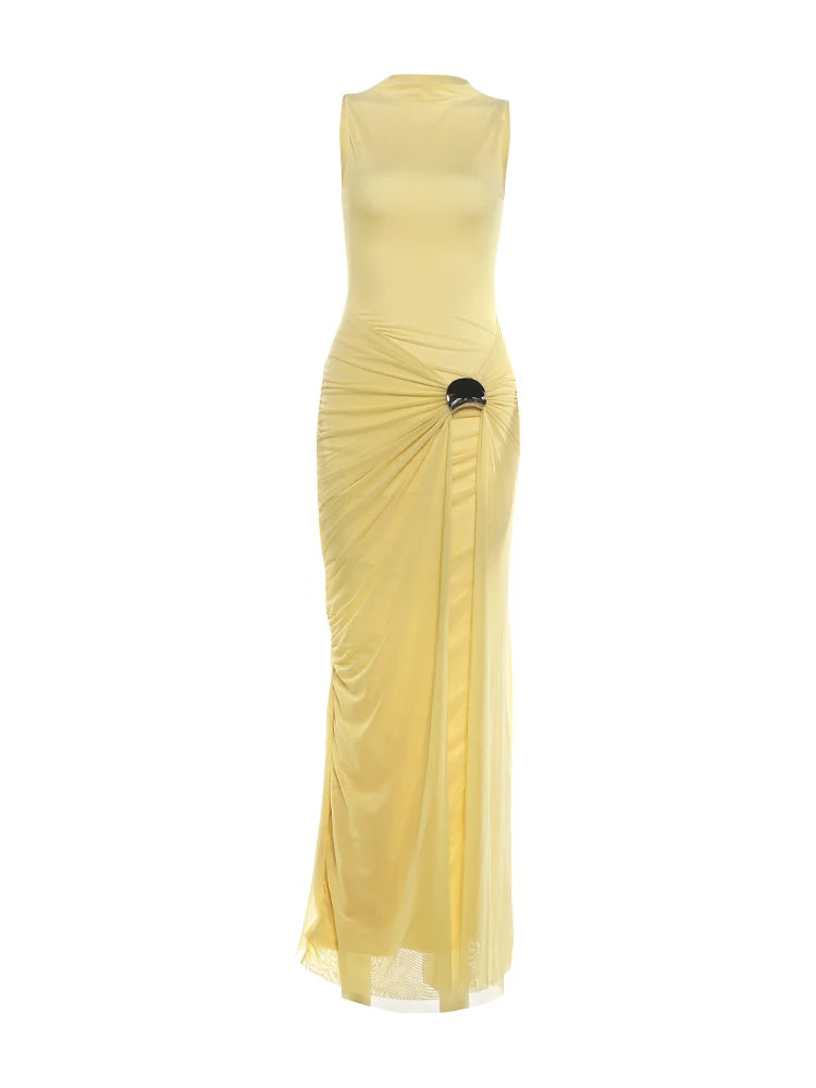 Metal Decoration Maxi Dress Women o-Neck Sleeveless Folds Skinny Elegant Fashion Summer Party Chic Vacation Vestidos