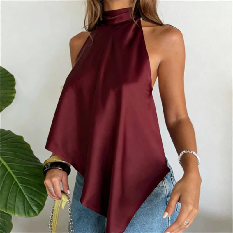 Women Satin Halter Tops Sexy Backless Asymmetrical Tops Sleeveless Lace Up Back Silk Tank Top Going Out Shirt
