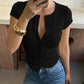 Crew Neck Button Up Short Sleeve Cardigan 2026 Summer Tops for Woman Casual Rib Knit Slim-fit T Shirts