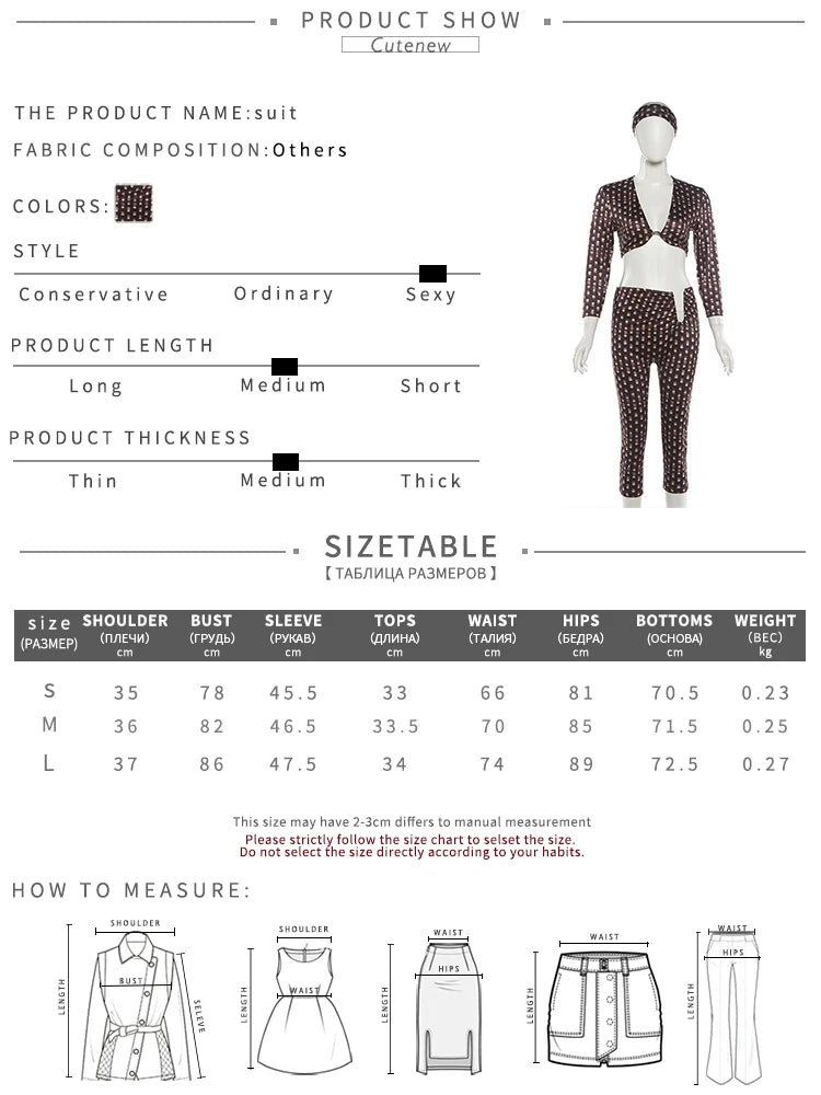 Sexy Fashion 3 Piece Set Woman Polka Dot Print Headscarf+Low-Neck Full Sleeve Tops+Metal Buckle Crop Pants Streetwear