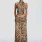 Leopard Print 2 Piece Set Women Hottie Wild Halter Backless Bandages Tank Top+Wide-Leg Pants Fashion Street Suits