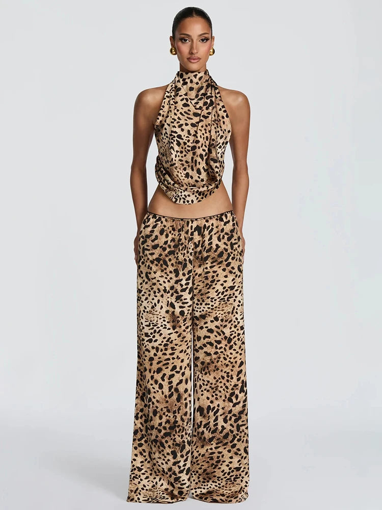 Leopard Print 2 Piece Set Women Hottie Wild Halter Backless Bandages Tank Top+Wide-Leg Pants Fashion Street Suits