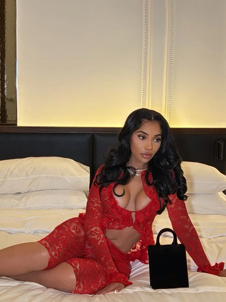 Jacquard Sexy Women 2 Piece Set Coquette Full Sleeve Ruffles Crop Tops+Bike Shorts Matching Clubwear Summer Outfits