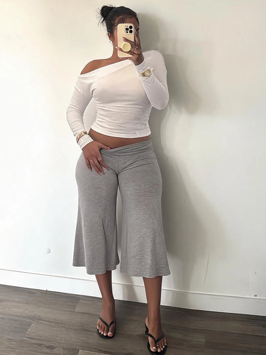 Classic Casual Simple 2 Piece Set Woman Autumn Trend Skew Collar Full Sleeve T-Shirt+Elastic Waist Crop Pant Fashion Suit