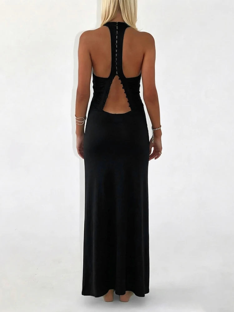 Leisure Elegant Long Dress Woman Summer Trend V-Neck Beads Single-Breasted Backless Vacation Style Skinny Vestidos