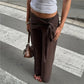 Women Solid Casual Wrap Pants Ruched Waist Elastic Wide Leg Yoga Leggings Flared Tie Front Knot Lounge Trousers