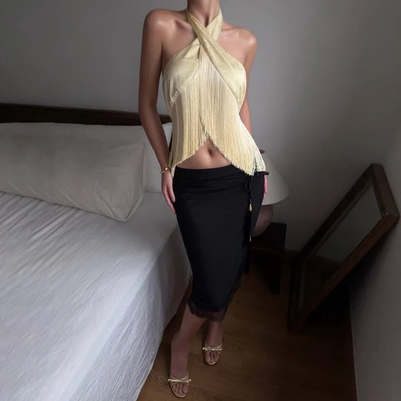Scarf Top with Crossover Halter Neck and Cascading Fringe Trim Sexy Party Tops Fall Fashion 2026