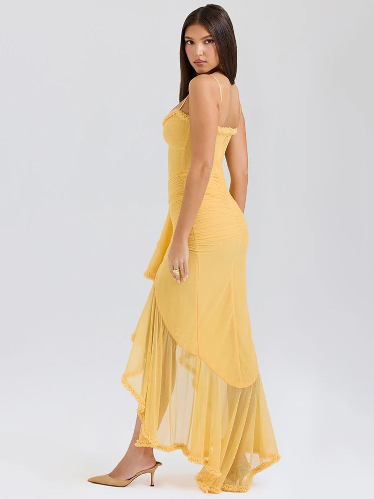 Ruffled Draped Ruched Sexy Maxi Dress For Women Yellow Spaghetti Strap Sleeveless Backless Club Party Sexy Long Dress