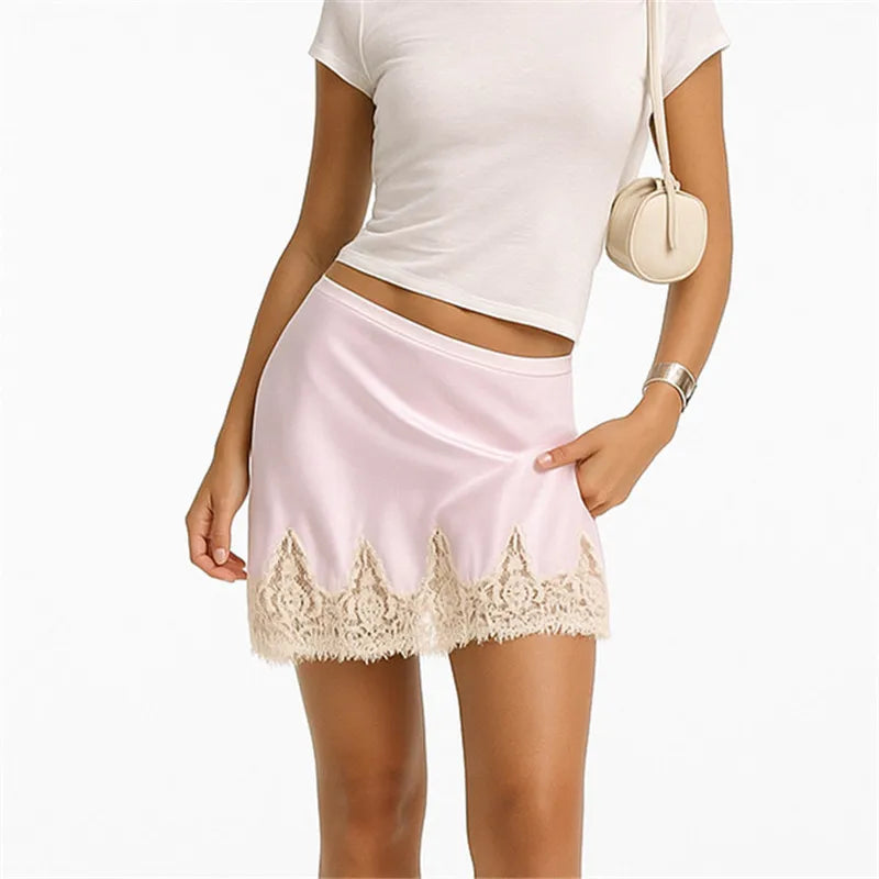 Sexy Solid Lace Patchwork Skirt Women Fashion Straight Irregular Street Short Skirts Female Party Lady Mini Bottoms