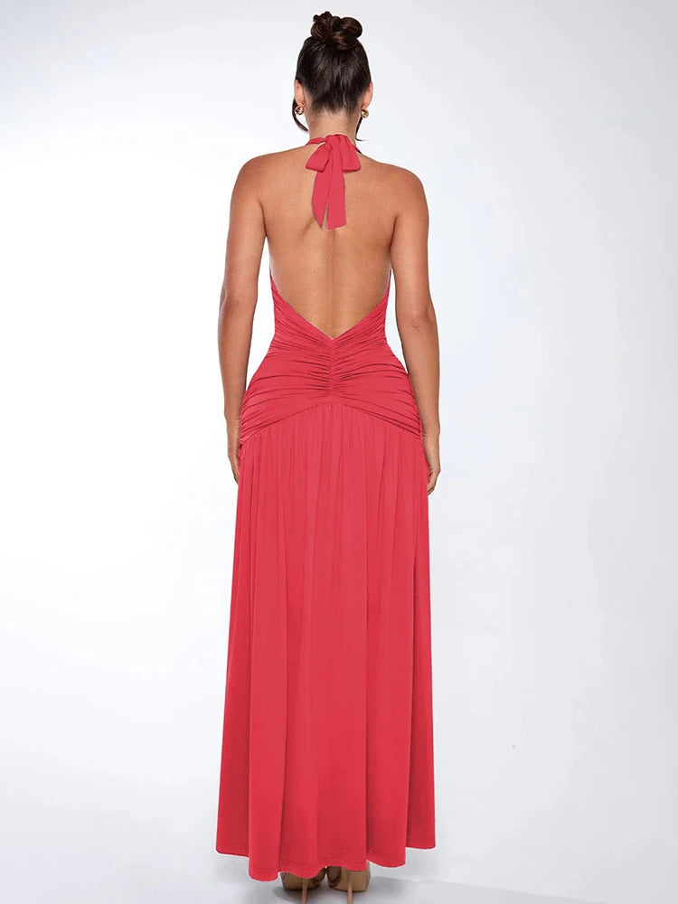 Deep V-Neck Dress Woman Patchwork Ruffles Summer Backless Splits Halter Elegant Solid Party Coquette Sexy Vestidos