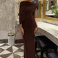 Irregular Ruched Sexy Maxi Dress For Women Elegant Autumn Inclined Shoulder Pleated Club Party Long Dresses Female