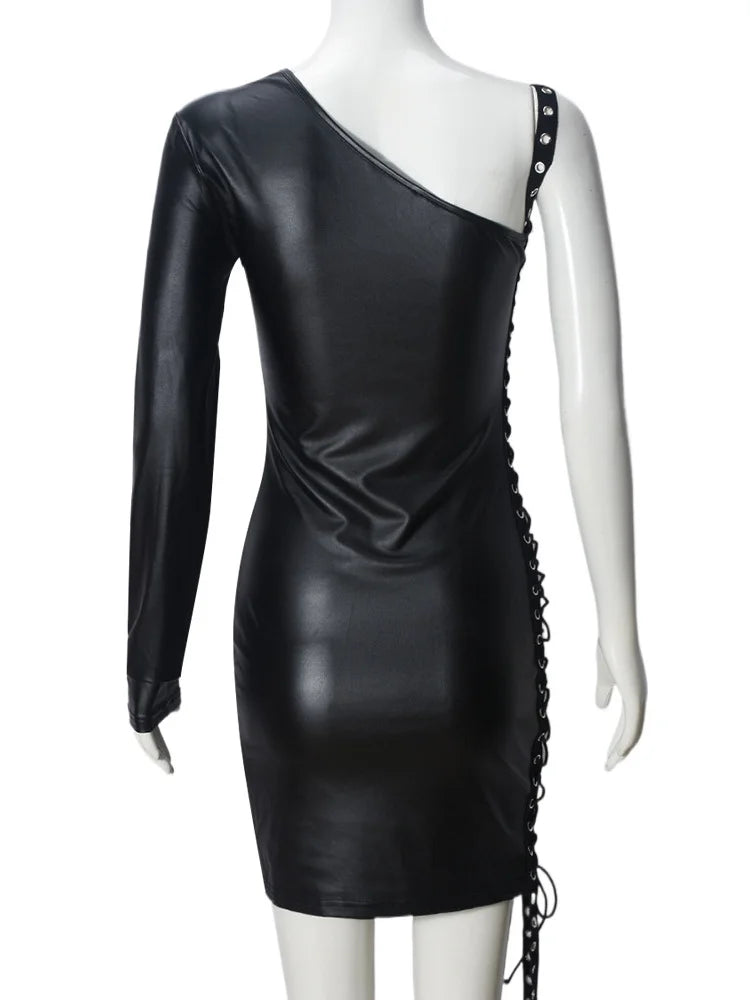 Bandage Hollow Dress Women Irregular Diagonal Collar Backless Single Sleeve Hot Girls Skinny Peach Hip Mini Bodycon