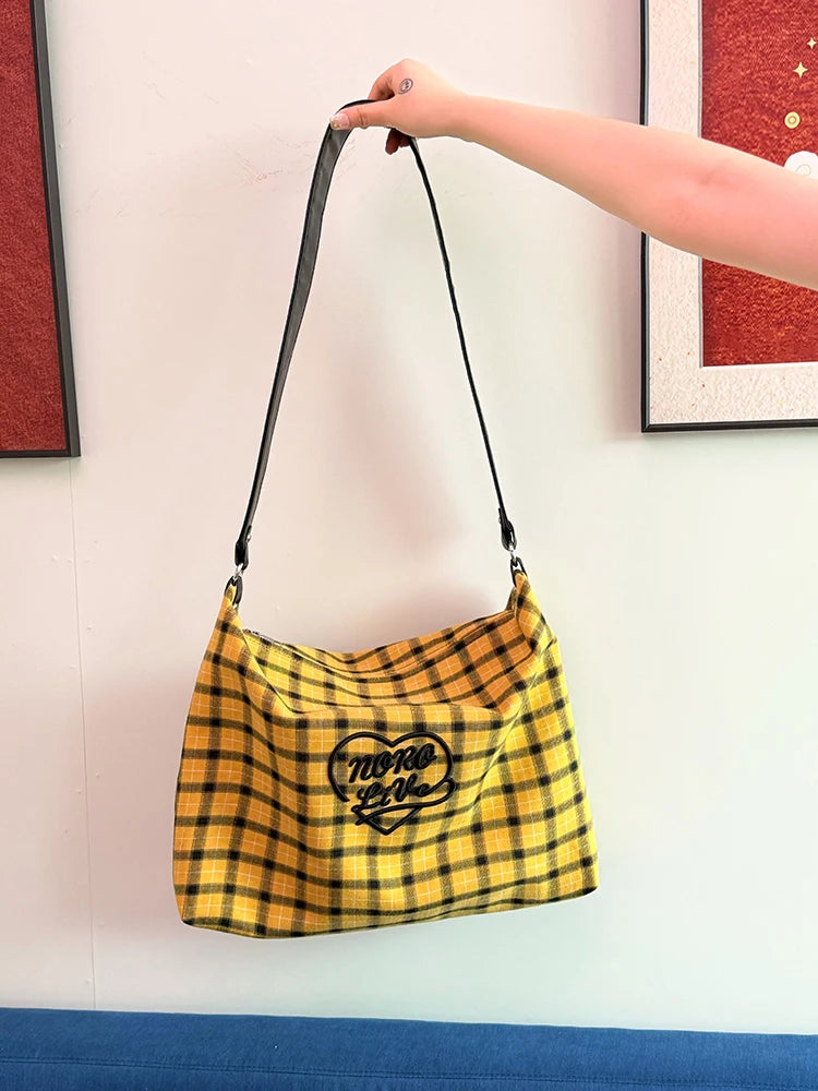 Retro Plaid Crossbody Bag with Heart Letter Embroidery, Large Capacity Tote for Women, Preppy School Messenger Bag