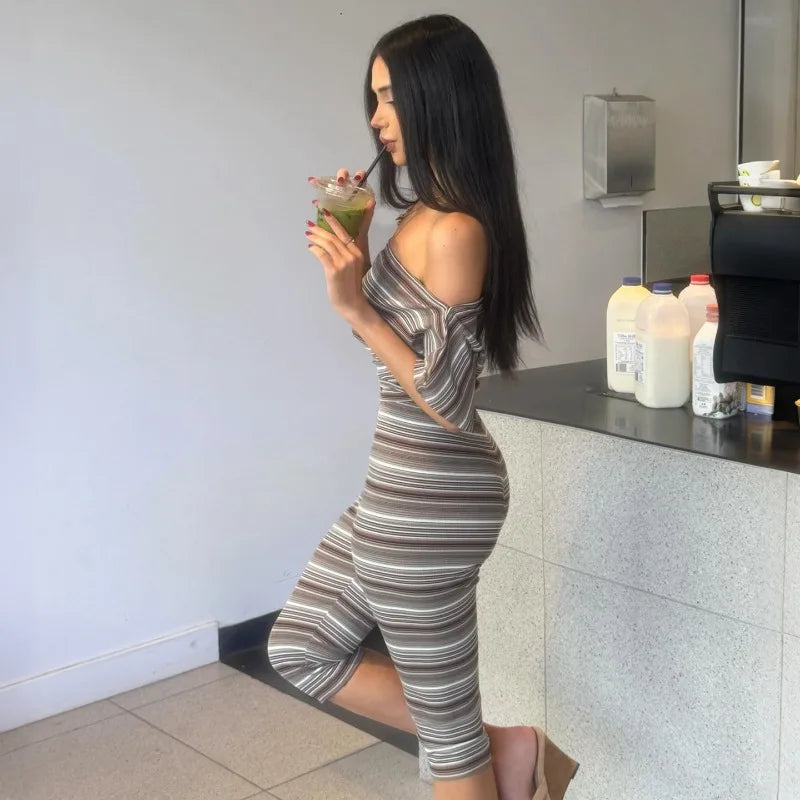 Off Shoulder Striped Capri Set Casual Fall Outfits Women's Matching Sets 2 Piece Pantsuits for Woman