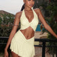 Sexy Two Piece Set for Woman Twisted Ruffled Crop Top and Mini Skirt Summer Beach Vacation Outfit