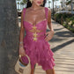 Women Sequin Starfish Mini Dress Spaghetti Strap Cut Out Layered Ruffle Dress Sparkly Y2k Short Cami Dress Party