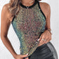 Women's Summer Slim Fit Vest Crop Tops Sleeveless Round Neck Sequins/Leopard Print Cami Tank Tops Y2K Party Clubwear