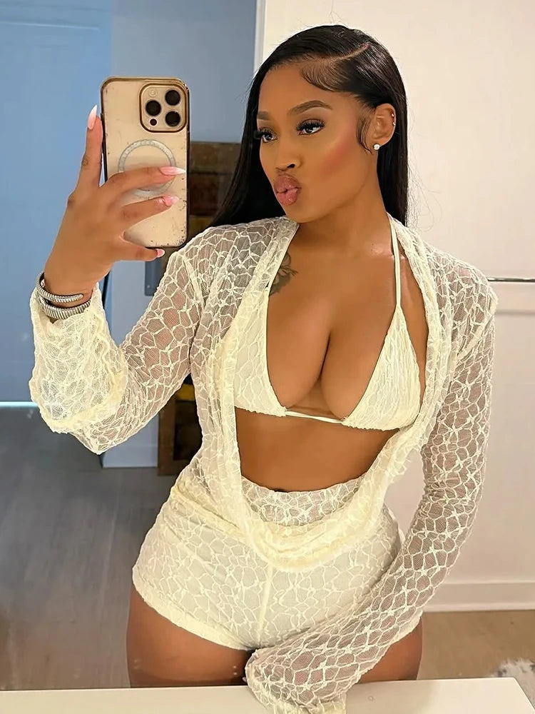 Sexy See Through 3 Piece Set Women Halter Bra+Swing Collar Flared Sleeve T-Shirts+Skinny Shorts Fashion Elegant Set