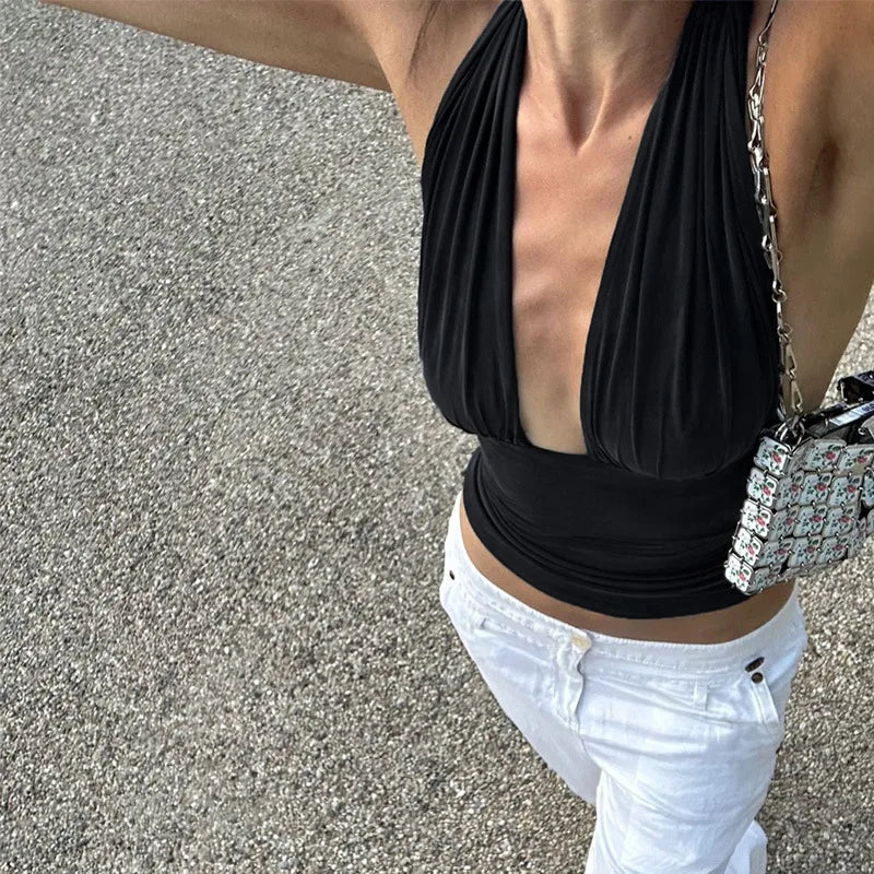 Halter Backless Crop Tops Women Sexy Summer Clothes Solid Color Deep V Neck Tank Top Streetwear