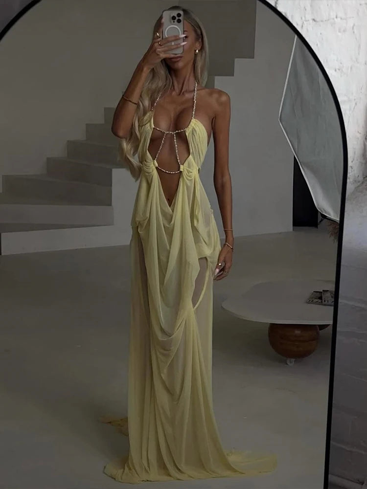 Sexy See Through Dress Women Sexy Halter Chain Backless Irregular Ruched Patchwork Vacation Birthday Party Clubwear