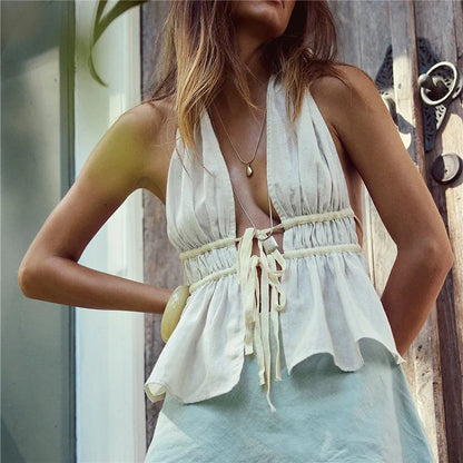 Ladies Boho Halter Top Deep V Backless Drawstring Peplum Camisole Women Summer Beach Vacation Sleeveless Tank Top