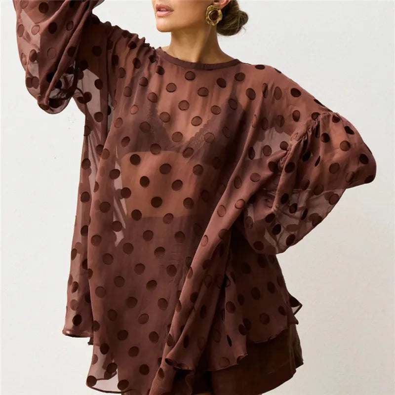 Sheer Mesh Long Puff Sleeve Casual Summer Cover Up T Shirt Blouse Women Y2K Polka Dot Beach Cover Up Shirt Dress