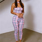 Plaid Patchwork 2 Piece Set Woman Summer Trend Halter Backless Sleeveless Crop Tops+Skinny Long Pants Fashion Suits