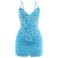 Mesh Patchwork Sling Dress Woman Sexy Shiny Sequin Low-Neck Backless Skinny Peach Hip Midnight Club Party Bodycon