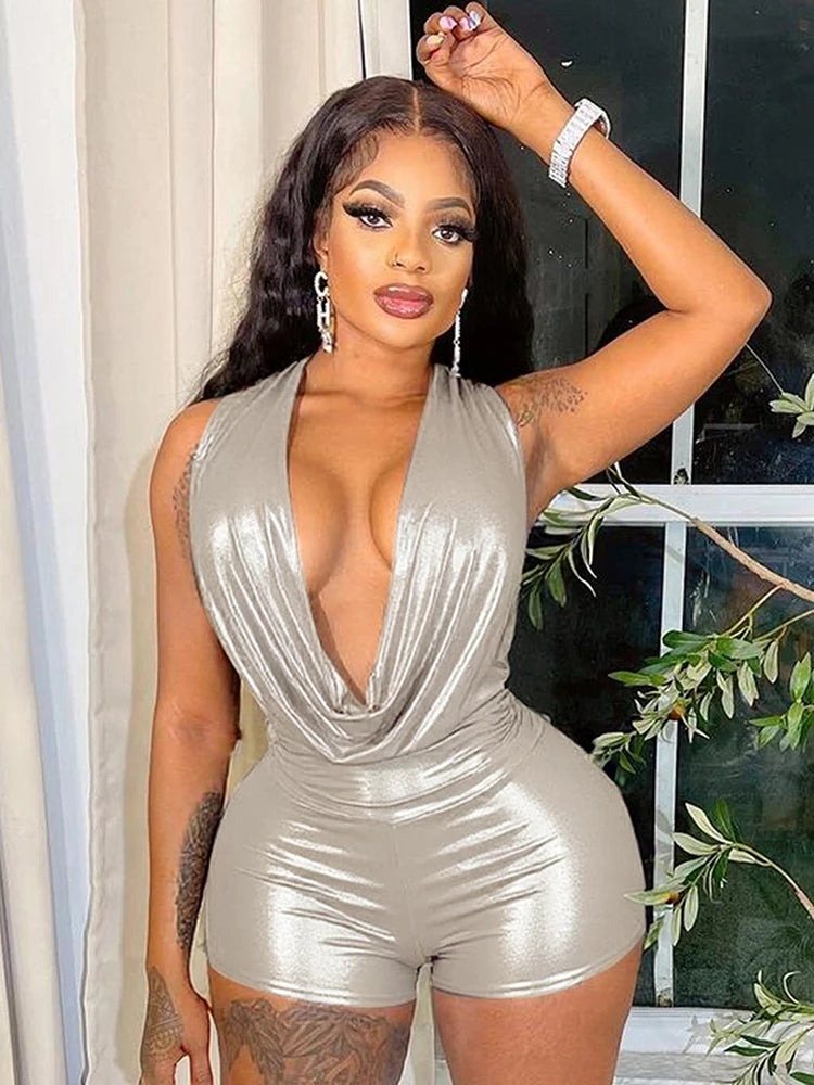 Silky Halter Romper Women Sexy Summer Swing Collar Backless Sleeveless Midnight Coquette Clubwear Workout Playsuit