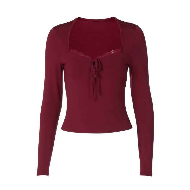 Lace Trim Square Neck Long Sleeve Tops Solid Color Tees Tight Fitted T Shirts Sexy Fall Clothes for Woman