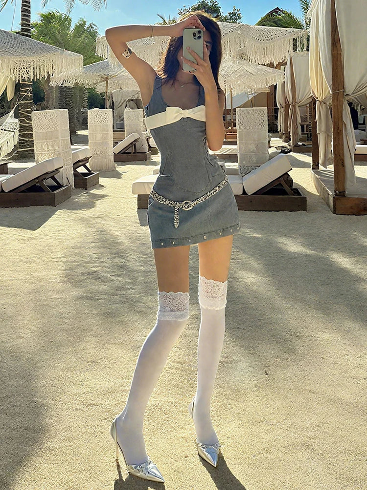 Sexy 2 Piece Set Women Bows Sleeveless Low Neck Crop Tops+Rivet Skirts Matching Street Party Stretch Skinny Clubwear