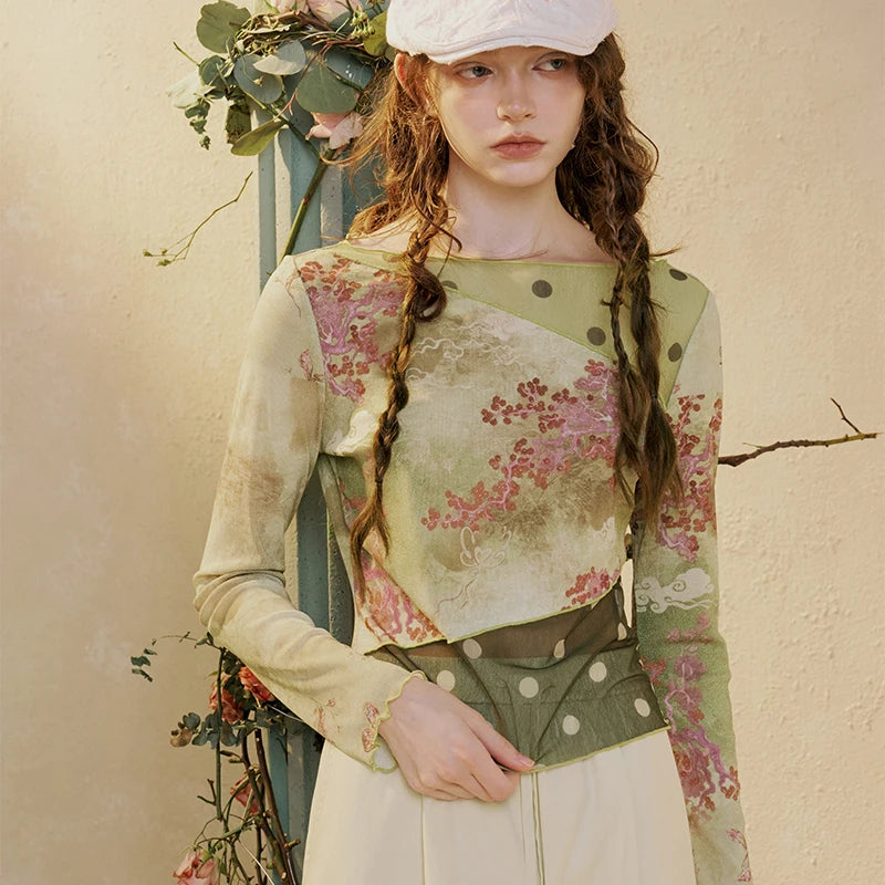 Women's Oriental Asymmetrical T-shirt with Floral Polka Dot Print, Lightweight Long Sleeve Patchwork Tee for Summer